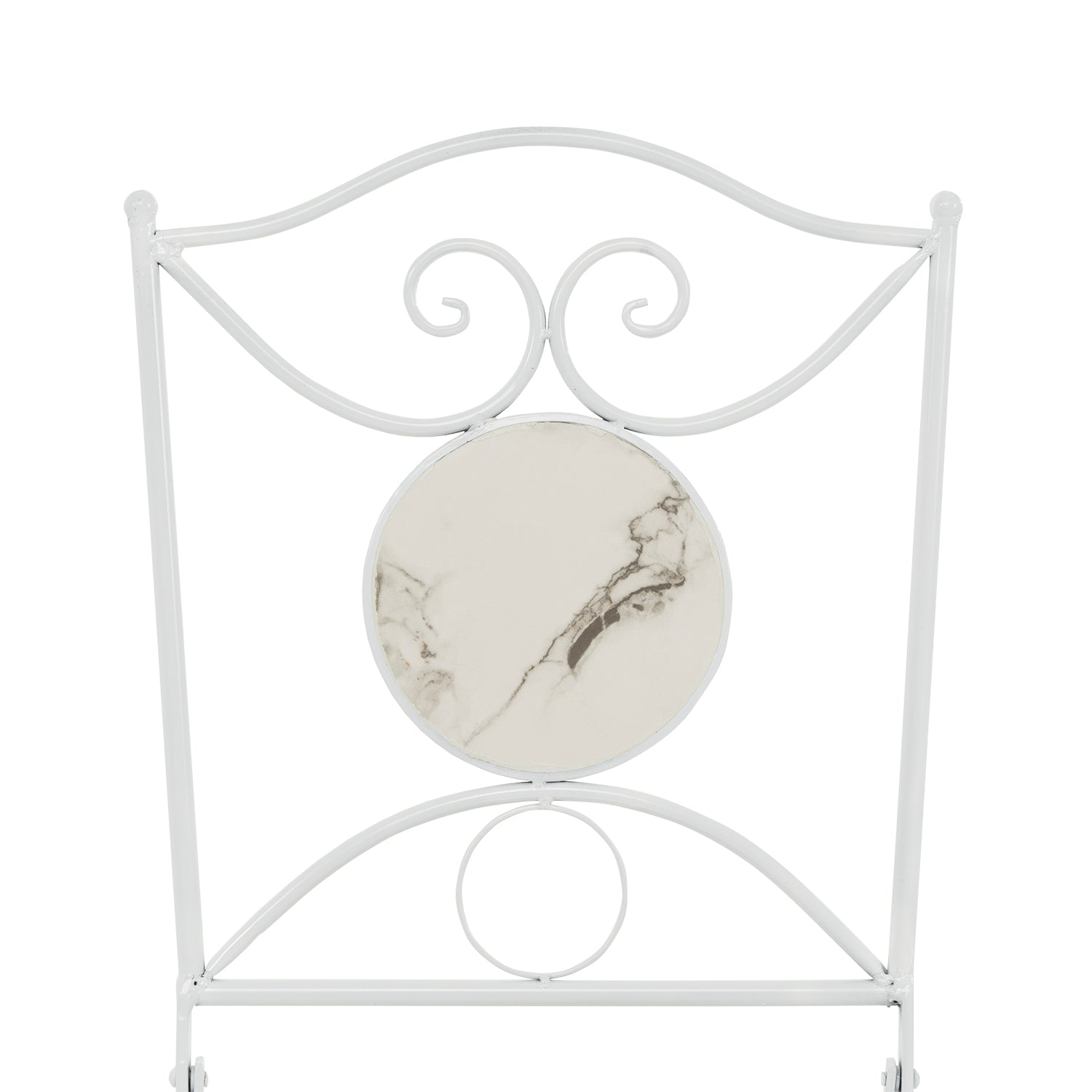 VESTIAMO CASA GIARDINO - Set giardino Bistrot tavolo rotondo 60 cm e 2 sedie in metallo Bianco e Top in ceramica Effetto Marmo Bianco